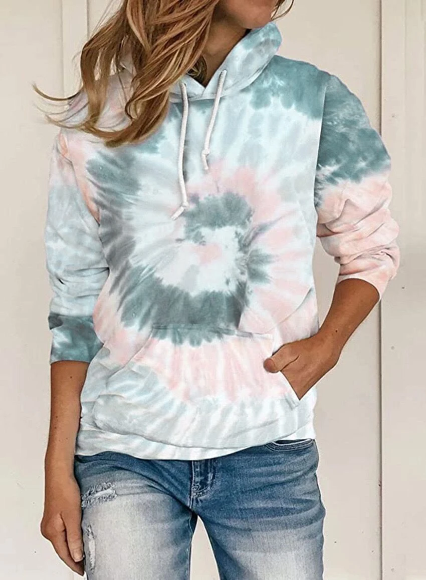 

Feibushi autumn winter 2020 European and American foreign trade women's loose tie dye printed hooded long sleeve sweater