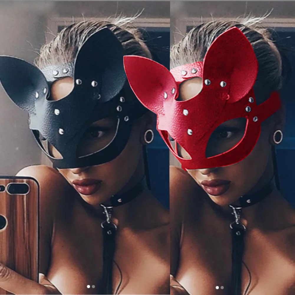 Сексуальная маска для косплея кошки для женщин и девочек, карнавальный костюм, ПВХ маски для связывания, для взрослых, для игр, специальные кошачьи уши, регулируемый дизайн, маски черного и красного цвета