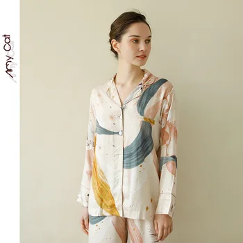 

Autumn New Style Korean Romantic Starry Sky Satin Printed Lapel Suit Comfortable Viscose Pajamas Large Size Comfortable Homewear