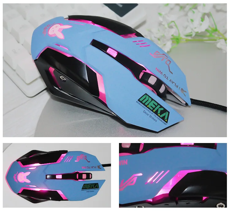 Blue Wired Gaming Mouse with Anime-Inspired Design and Breathing Light Effects