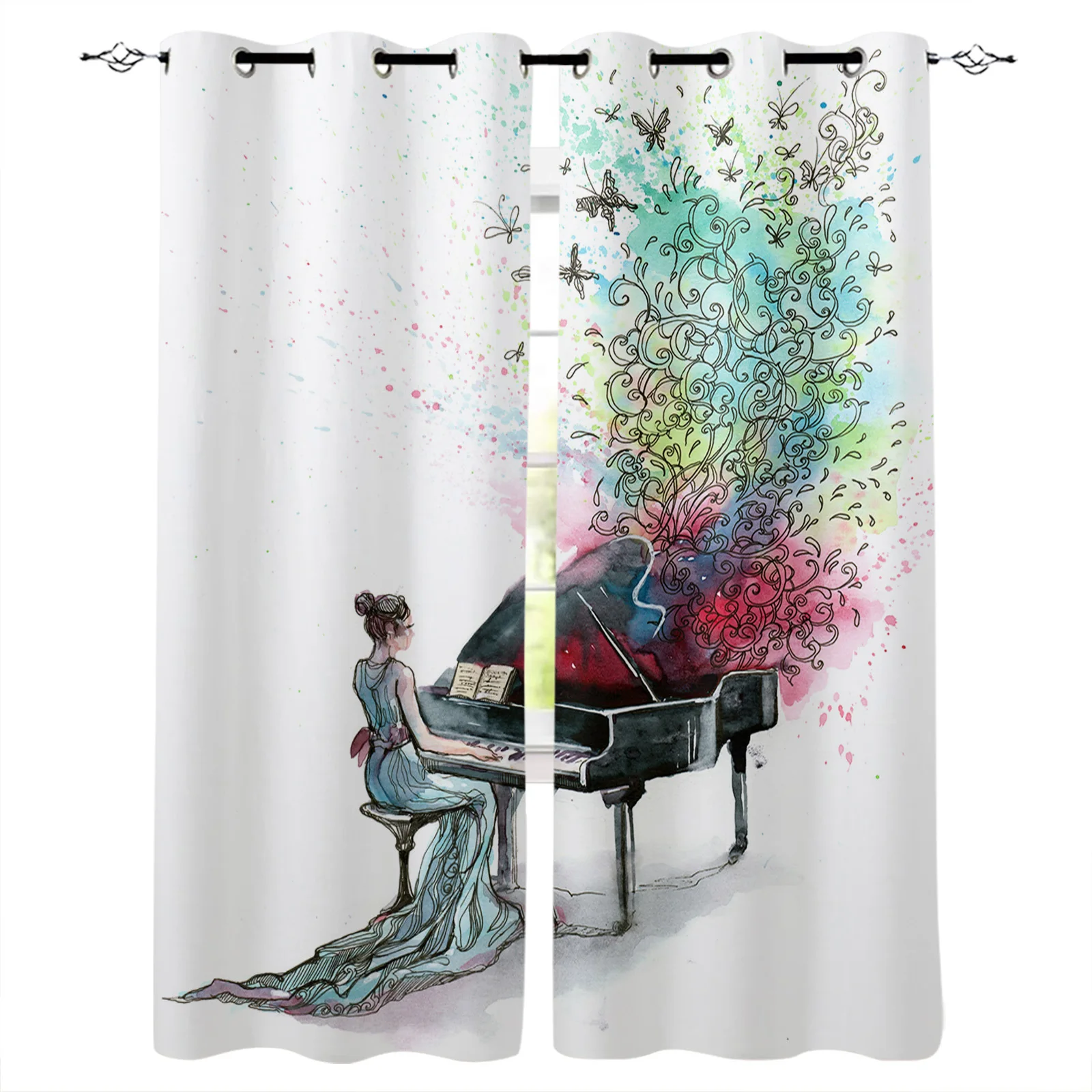 

Piano Woman Music White Modern Blackout Curtains For Living Room Bedroom Window Treatment Blinds Drapes Kitchen Curtains