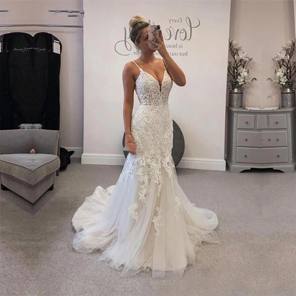 

Luxurious Spaghetti Straps Mermaid Wedding Dress Plus Size Lace Appliques Robe De Marriage Bridal Gown Vestido Bovia Trouwjurk