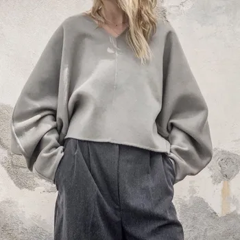 

Wool Sweater Women Long Sleeve Autumn Winter V Neck New Knit Pullover Top Gray Brown Color