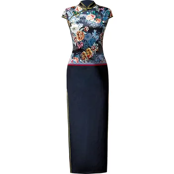 

New Arrival Oversize 3XL 4XL 5XL Autumn Vintage Short Sleeve Cheongsam Sexy Women Formal Long Dress Print Flower Velour Qipao