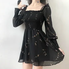 Robe noire Sexy en mousseline de soie pour femmes, Vintage, à fleurs, manches longues bouffantes, Mini vêtements coréens décontractés, automne 2021
