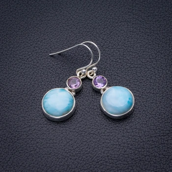 

Natural Caribbean Larimar And Amethyst Handmade 925 Sterling Silver Pendant 1.5" D3211