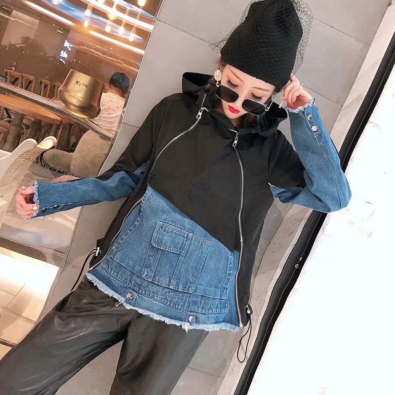

[EWQ]2019 Autumn New Full Sleeved O Neck Stitching Cowboy Loose Ladies Denim Jacket Korean Black Women Track Clothing Coat QL314