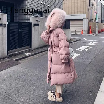 

FENGGUILAI Women Pink Winter Big Fur New Parkas Female Women Winter Long Coat Thick Cotton Warm Jacket Womens Outwear Parkas