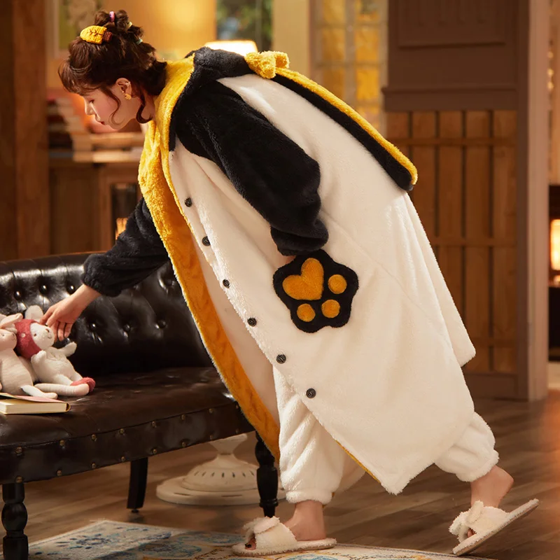 

Зимняя Пижама; Одежда для сна размера плюс, женская одежда для сна, средний Стиль комплект свободные утепленная усиление пижамы плюшевые ночная рубашка с капюшоном