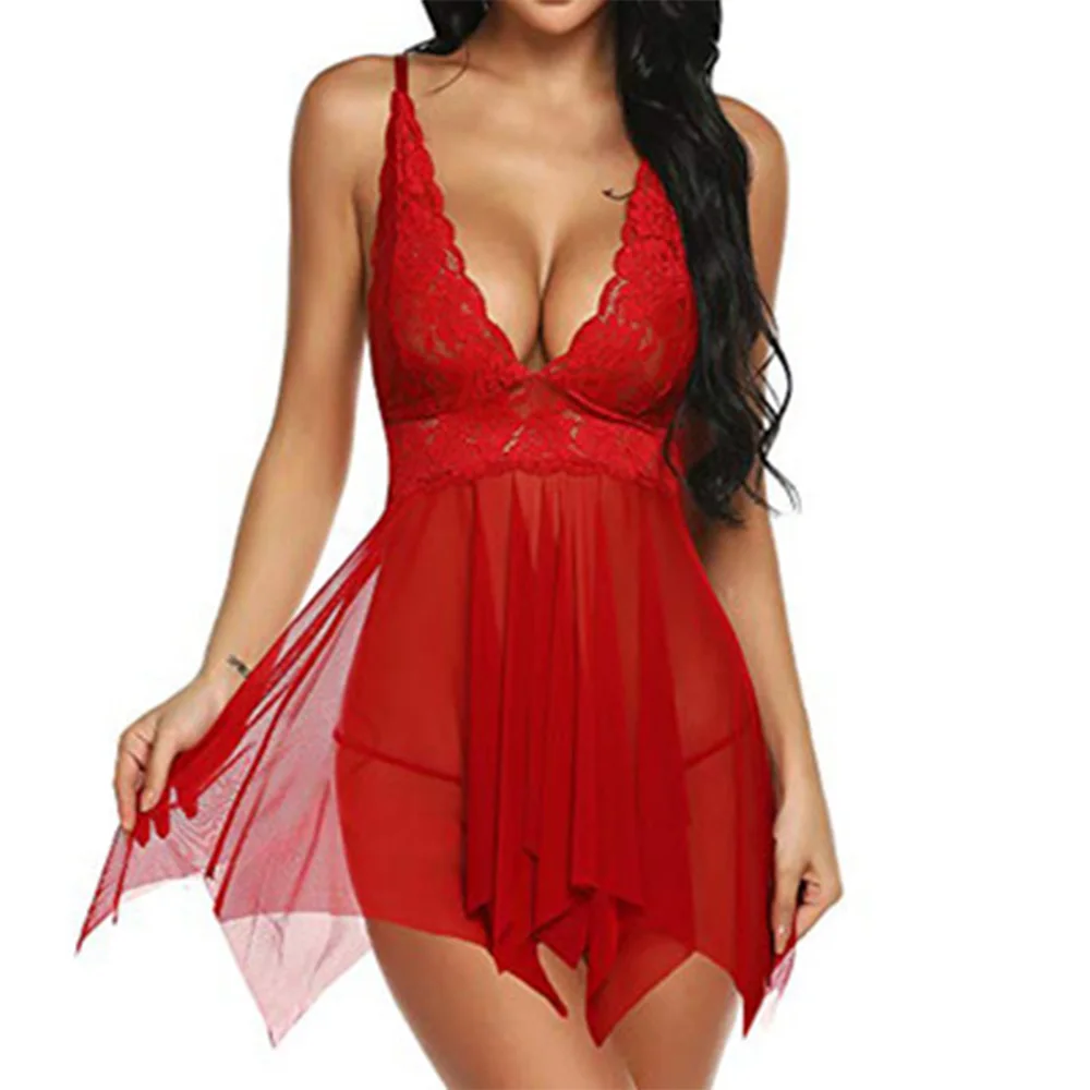 Однотонное кружевное женское белье, ночная рубашка, женская сексуальная ночная рубашка с v-образным вырезом, хит, ночная сорочка на бретельках, ночная сорочка для женщин - Цвет: Красный