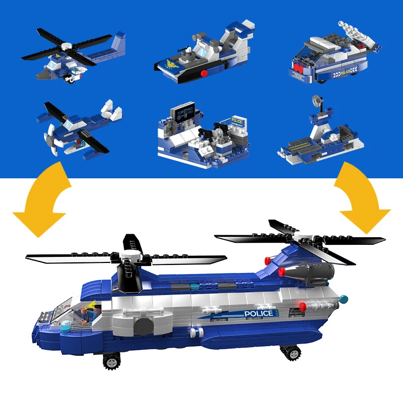 6 IN 1 City Police Building Blocks Compatible With LegoINGlys Vehicle Aircraft Boy Toys Educational Truck Block Model Bricks (12)