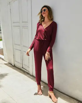 

Ladies Spring Solid Bodycon Playsuit Clubwear Party Bodysuits Women Autumn Casual Long Sleeve V-Neck Button Jumpsuit