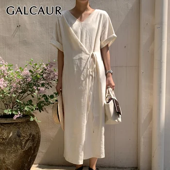 

GALCAUR Korean Dress Woman V Neck Short Sleeve High Waist Lace Up Tunic Ruched Oversize Asymmetric Maxi Dresses Female New 2020