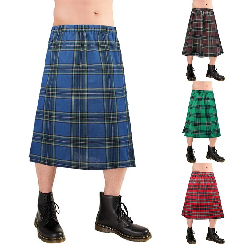 LOOZYKIT Scottish Mens Kilt Traditional Plaid Belt Pleated Bilateral Chain Brown Gothic Punk Tartan Trousers Skirts |