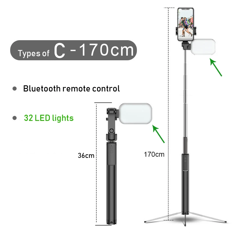 YUNAO, Bluetooth, селфи-палка, штатив для телефона, светодиодный, красивый светильник, длина 170 см, палка для селфи, bluetooth, палка для разделения, пульт дистанционного управления - Цвет: C-32 LED lights