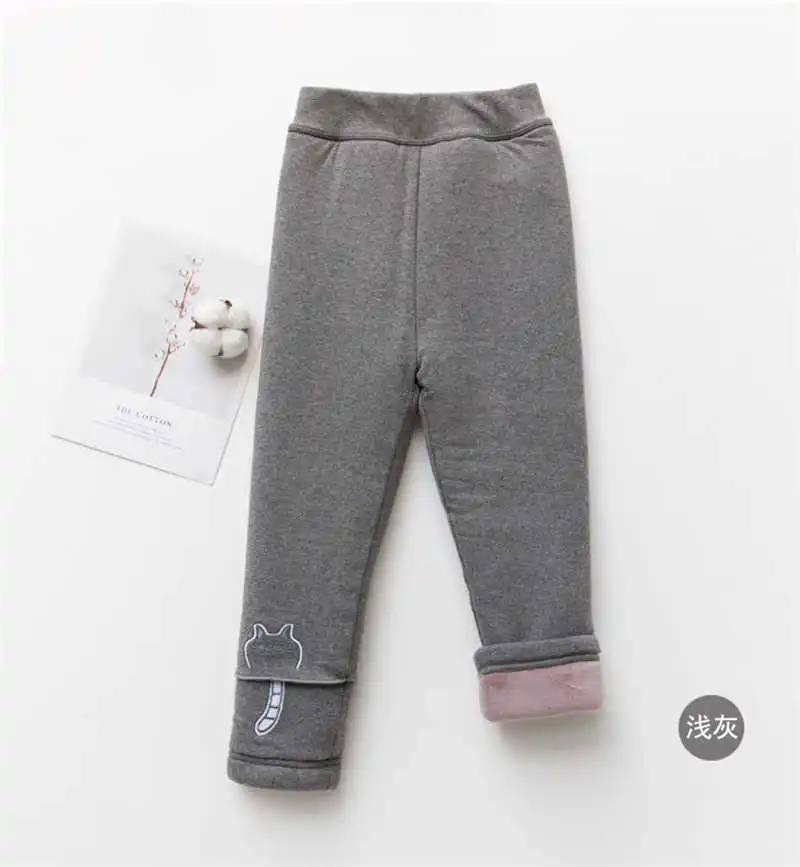Теплые хлопковые леггинсы для девочек; зимние детские штаны из плотного бархата с рисунком кота для маленьких девочек; детские брюки; одежда; расклешенные брюки - Цвет: Серый