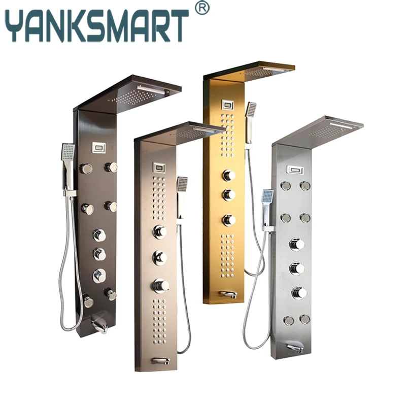 

Golden Black Nickel Brushed Digital Display Shower Panel Column Rain Waterfall Shower Spa Jets Bath Shower Mixer Faucet