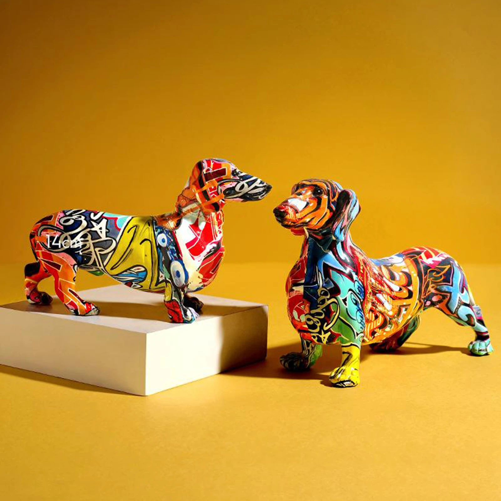 Graffiti Dachshund Sausage Dog Figurine Sculpture Statue Resin Craft Decoration