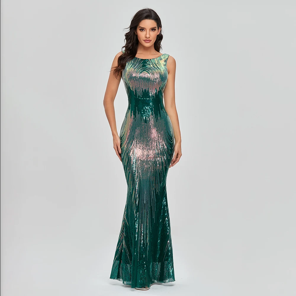 Sleeveless O-neck Evening Party Dress Shinning Sequins Mermaid Prom Gowns Elegant Slim Robe De Soriee Women Full Dress 2021 New