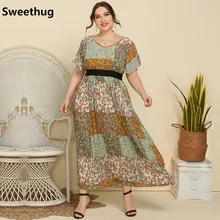 2021 Trend Fashion Women Plus Size 3XL 4XL Dress Spring Summer New Sleeves Patchwork Pleated Retro Floral Print Long Dress