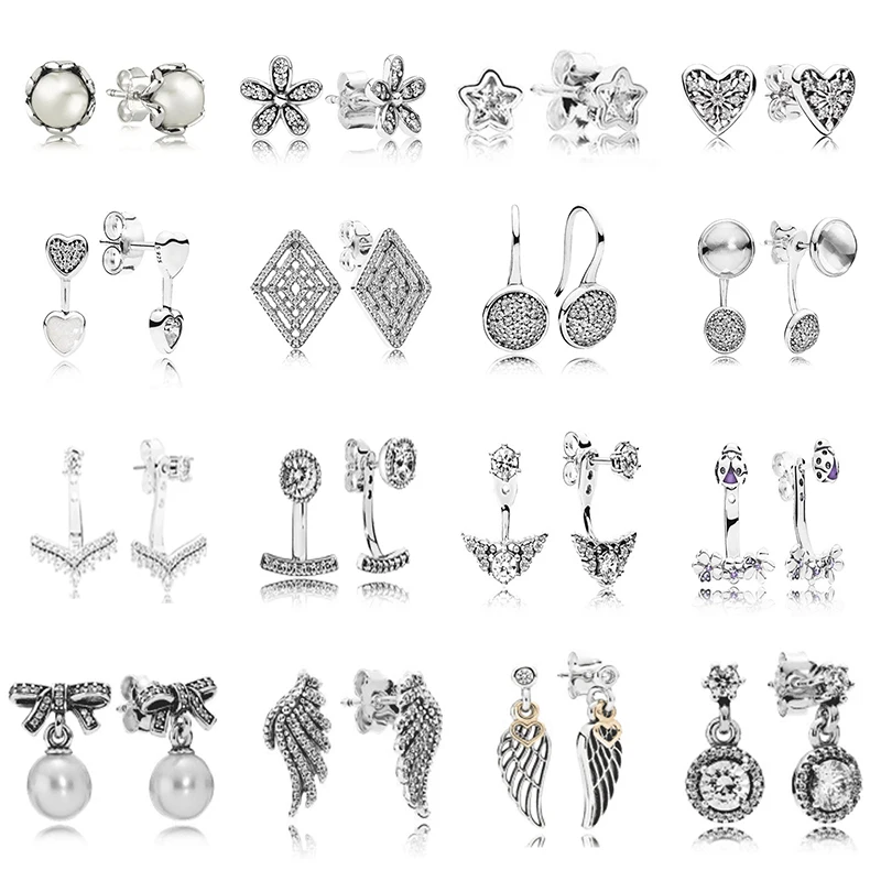 

Original 100% 925 Sterling Silver Pandoras Earring With Crystal Luxury Earrings For Women Fairy Zircon Feather Pentagram Studs