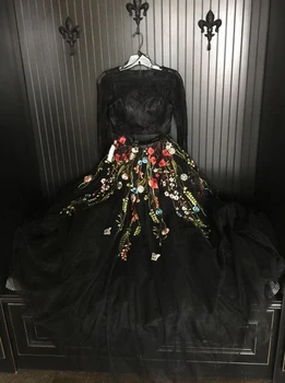 

Black Two Piece Prom Long Dress Floral Tulle Lace Long Sleeve Prom Dress