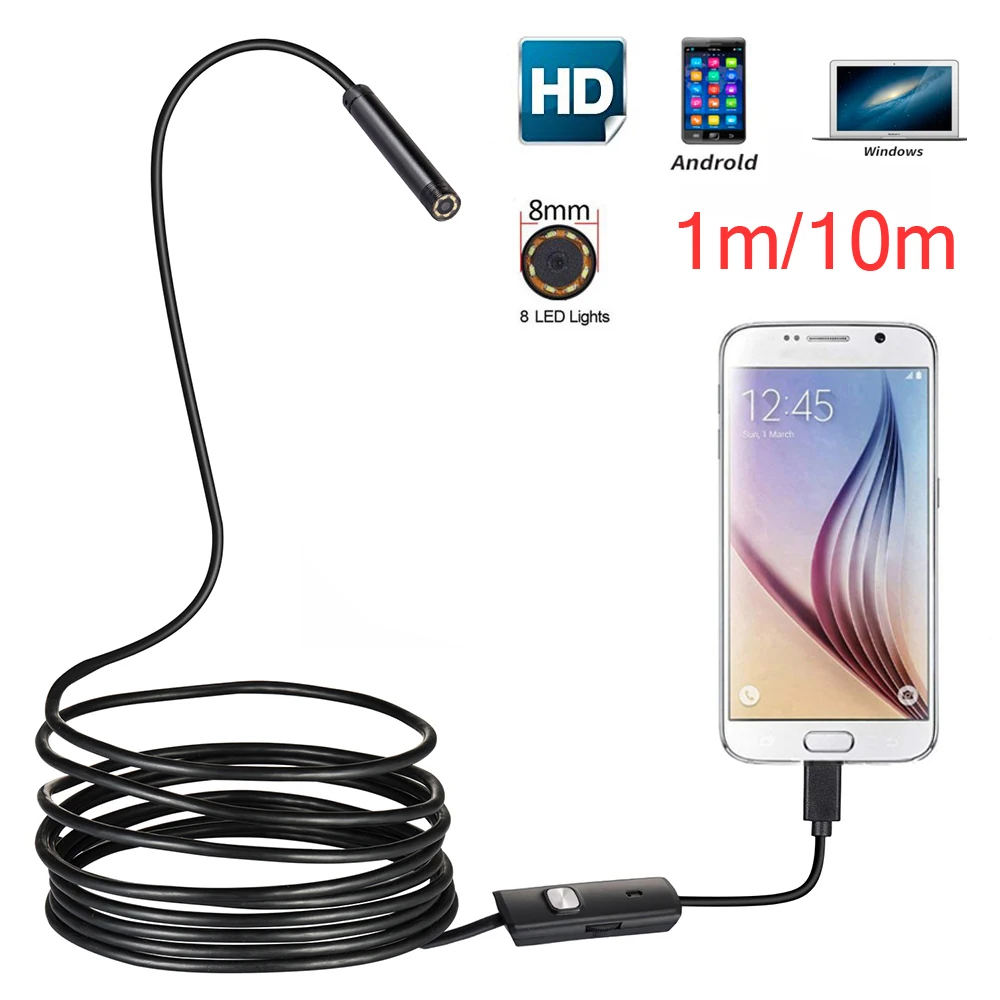 Lente de 8MM, Cable duro de 1M/2M/5M/10M, cámara de endoscopio USB para Android, boroscopio de luz Led, cámara para PC, teléfono Android