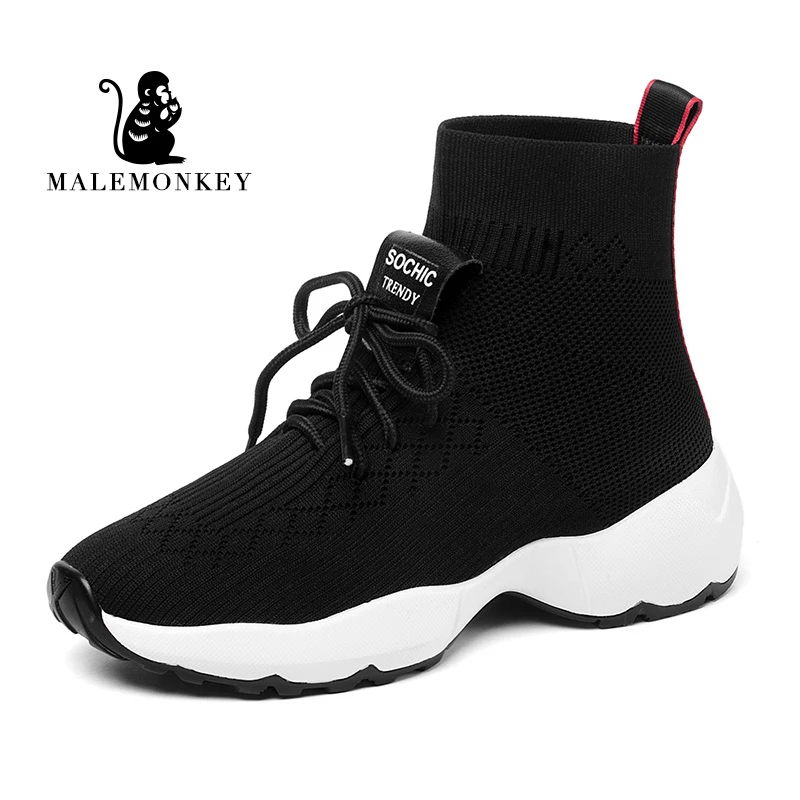 Malemonkey Size35-40 Winter Shoes Woman Fashion Lady Boots Knit Ankle Lace-up Round Toe Lightweight Casual Thick Bottom | Обувь