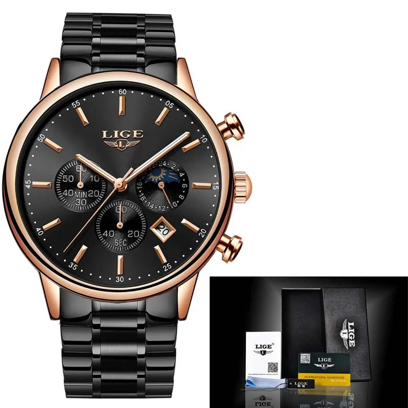 Rose gold black LIGE Luxury Brand Sports Quartz Watches Men Watch with Luminous Hands Chronograph Auto Date Fashion Stainless Steel Wristwatch - Цвет: Rose gold black