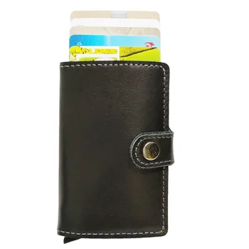 

Automatic Elastic Card Type Bank Card Bag European Texture Leather Metal Aluminum Shell RFID Card Bag