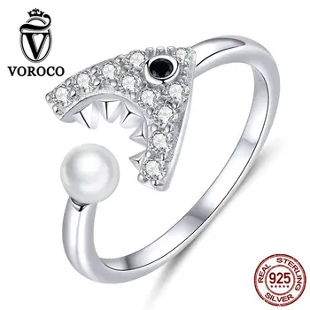 

VOROCO Genuine 925 Sterling Silver Ring Wild Shark Open Adjustable Finger Ring Zircon Clear CZ Anti-allergy Fine Jewelry BKR615