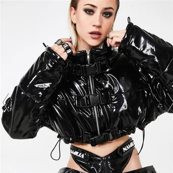 

Fashion glossy bright pu leather jackets female short style stand collar zipper stitching motor fashion leather cotton coat F806