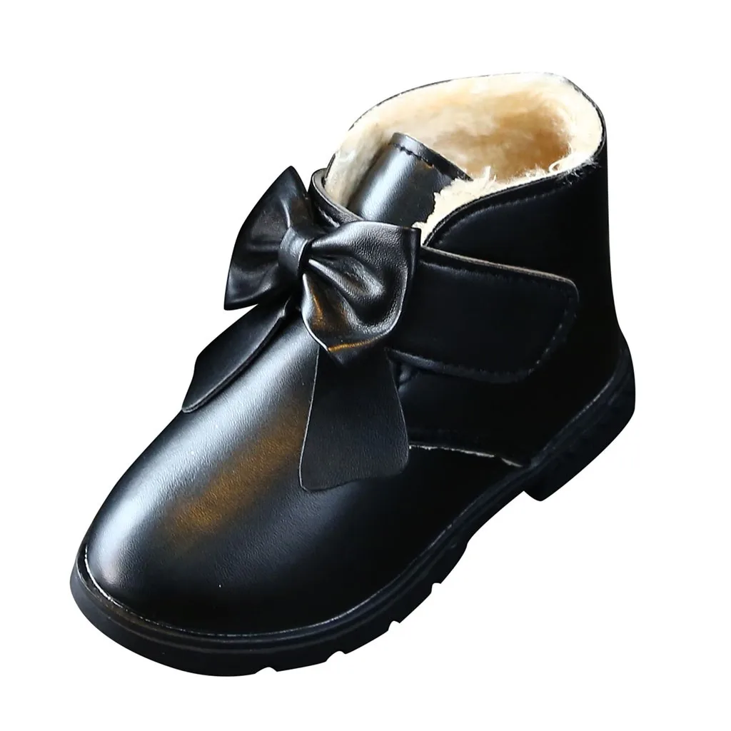 Зимние Детские теплые спортивные зимние ботинки ботиночки с бантом для маленьких девочек; повседневная обувь на застежке-липучке; однотонная резиновая обувь для маленьких девочек