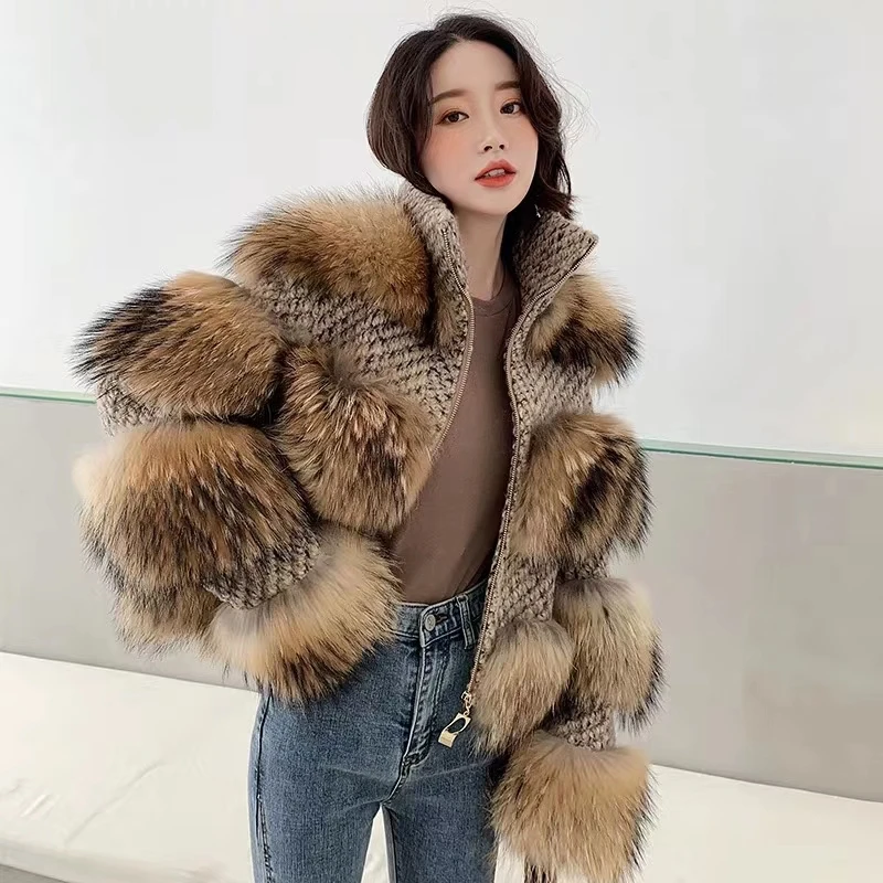 

2019 Autumn winter women's high quality real Fur jackets Chic stand collar warm coat women fur coat B128