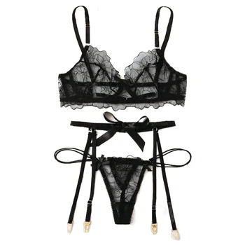 3PCS Bra G-String Garter Suit Womens Sexy Lingerie Lace Top Bra Set Lady Thong Underwear Set Female Fashion Top Erotic Lingerie 6