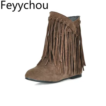

Women Boots Autumn Winter Low Heel Warm Flock Round Toe Tassel Ankle Princess Casual Wild Tassel 2019 New Sexy Fashion Black