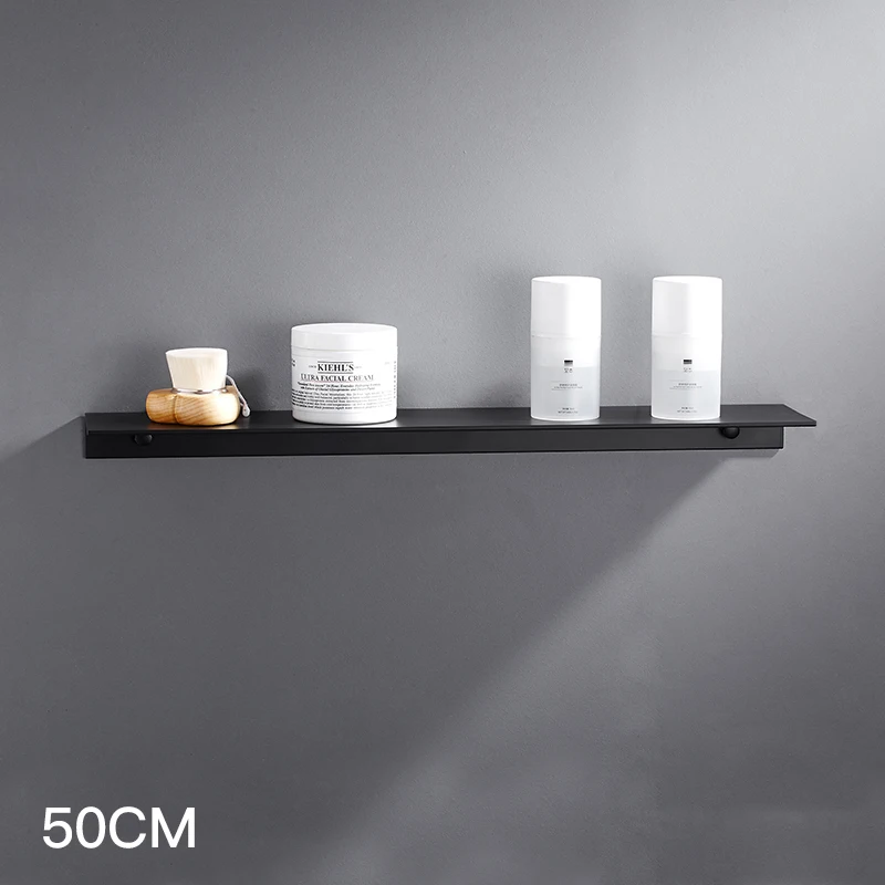 50cm-Nailless glue-B Черная настенная полка для ванной комнаты в скандинавском стиле, алюминиевая черная полка для ванной комнаты, квадратная полка для душа, угловая полка для хранения, клей - Цвет: 50cm-Nailless glue-B