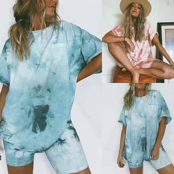 

Women's Tie-dye Printing Two-piece Sets Loose Short-sleeved Round Neck T-shirt Ladies Casual Shorts Suit