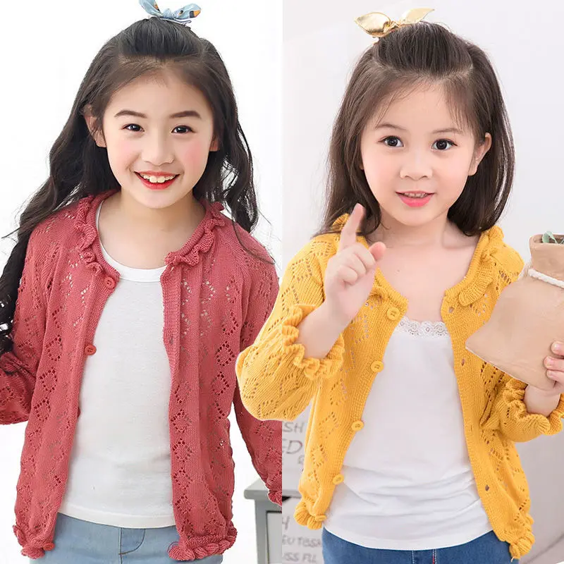 

Children Girls Airable Shirt Spring And Autumn Outdoor Cardigan Knitted Thin Sweater with Holes Solid Color Medium And Small CHI