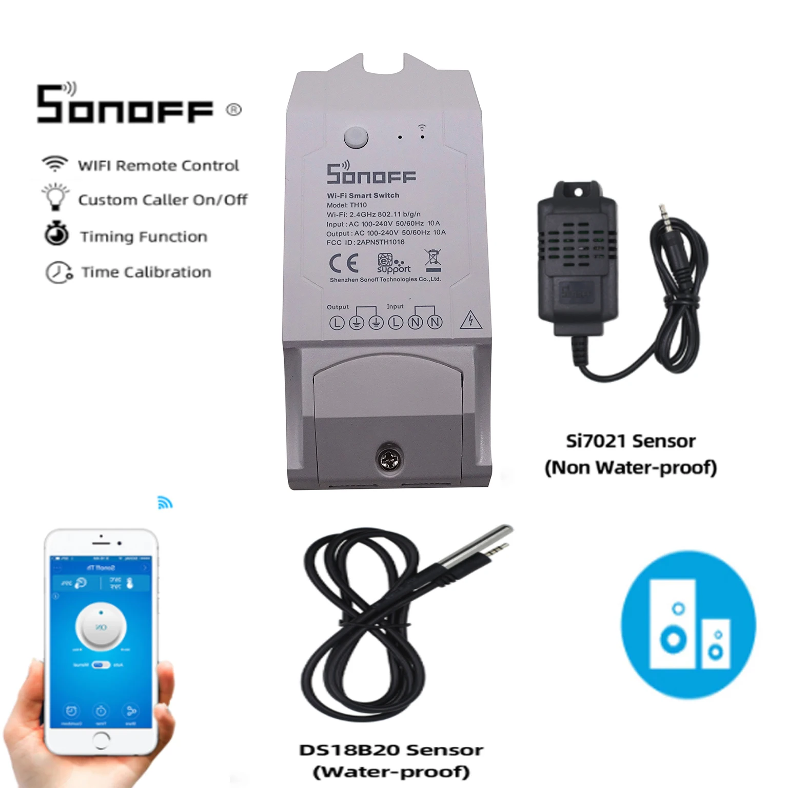 SONOFF TH10 Interrupteur Connecté WiFi avec DS18B20 Capteur de Température Étanche,15A,Compatible avec Alexa,Google Home,Nest,IFTTT,Contrôle à Distance via APP,Surveillance de Temp.&Hum 