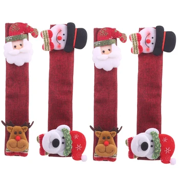 

4 Pcs Set Christmas Decoration Microwave Oven Gloves Burlap Refrigerator Gloves Oven Cover Kitchen Decoration Accessories