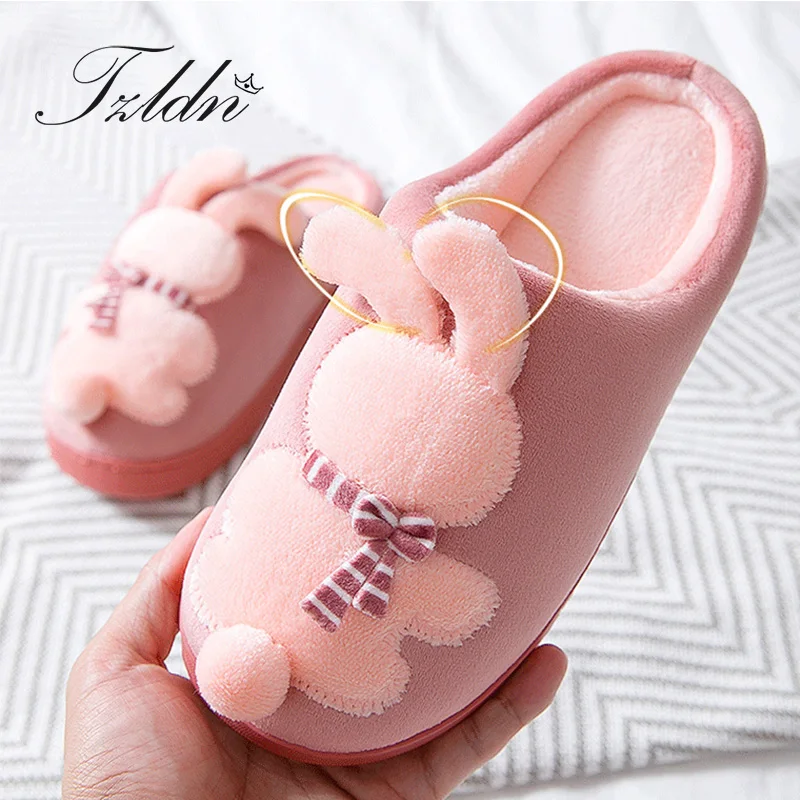 

2019 TZLDN Winter Women's Flannel Slippers Cute Rabbit Shape Home Fur Shoes Soft TPR Sole Plush Slippers Women Men Couple Shoes
