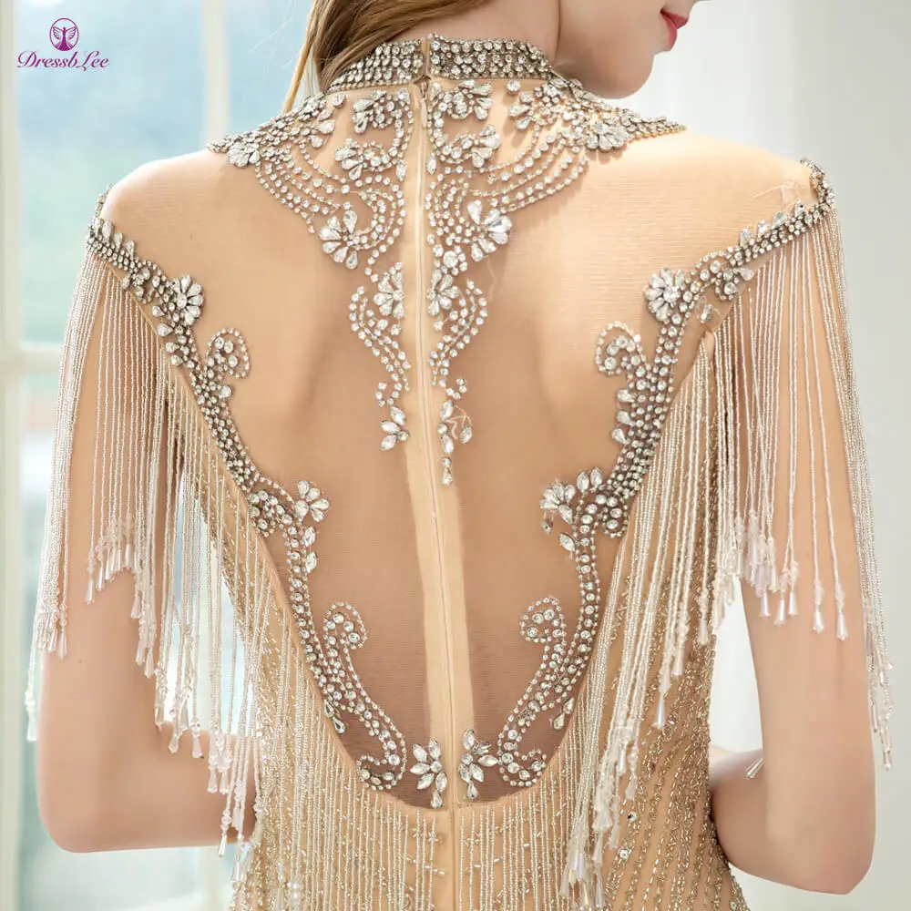 Robe-de-soiree, вечернее платье русалки цвета шампанского, вечернее платье с рукавами-крылышками и кристаллами, Длинные вечерние платья Vestidos