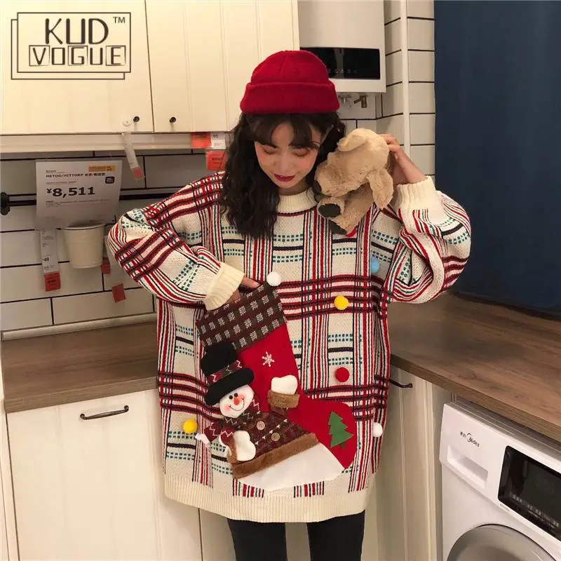 Новогодний свитер женский оверсайз Корейские зимние уродливые рождественские, пуловер для женщин, джемпер большого размера, вязаный свитер для влюбленных, красный с длинным рукавом и круглым вырезом, топы со снеговиком