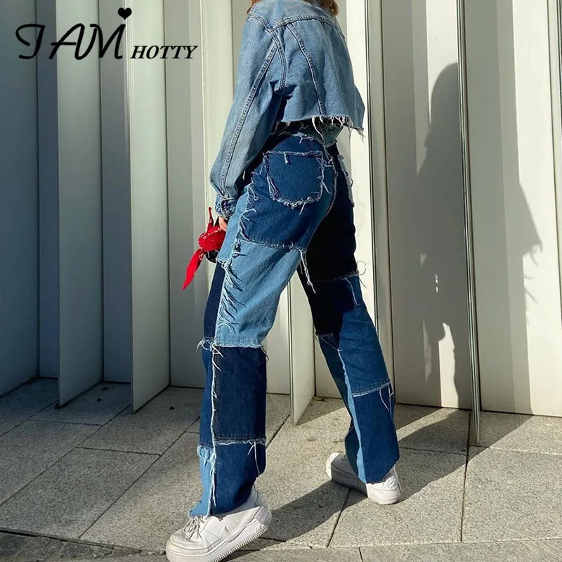 

IAMHOTTY Patchwork Baggy y2k Jeans Women Ripped Wide Leg Joggers Straight High Waist Pants Female Vintage Denim Streetwear 2020