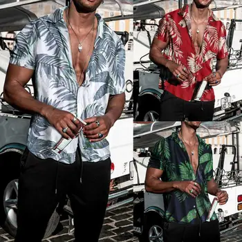 

2020 Fashion Trend Men's Summer Hawaiian Casual Shirt Floral Leaves Print Short Sleeve Loose Tops Hot Holiday Casual New Clothes