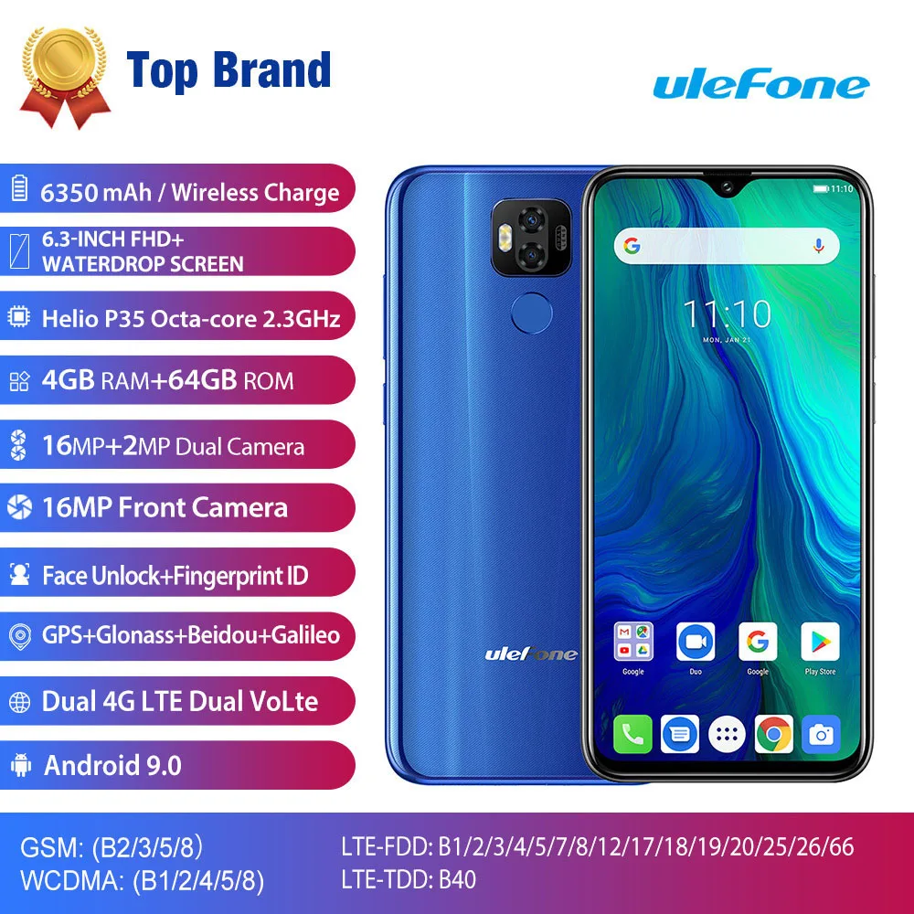 Смартфон Ulefone power 6, 4 ГБ, 64 ГБ, Android 9,0, 6350 мАч, 6,3 дюймов, FHD+ 16 Мп+ 16 МП, Helio P35, четыре ядра, NFC, Face ID, 4G