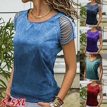 

Wish amazon ebay summer hot new pure color shoulder hollow out casual women's short sleeve T-shirt spot