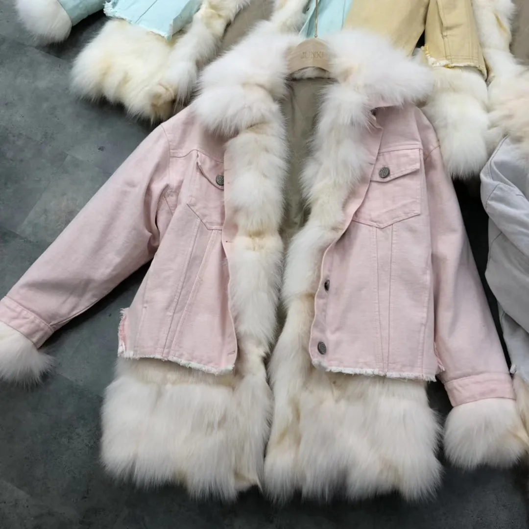 Женское зимнее пальто из натурального меха лисы, джинсовая куртка-парка, новинка, модный стиль, больше размера