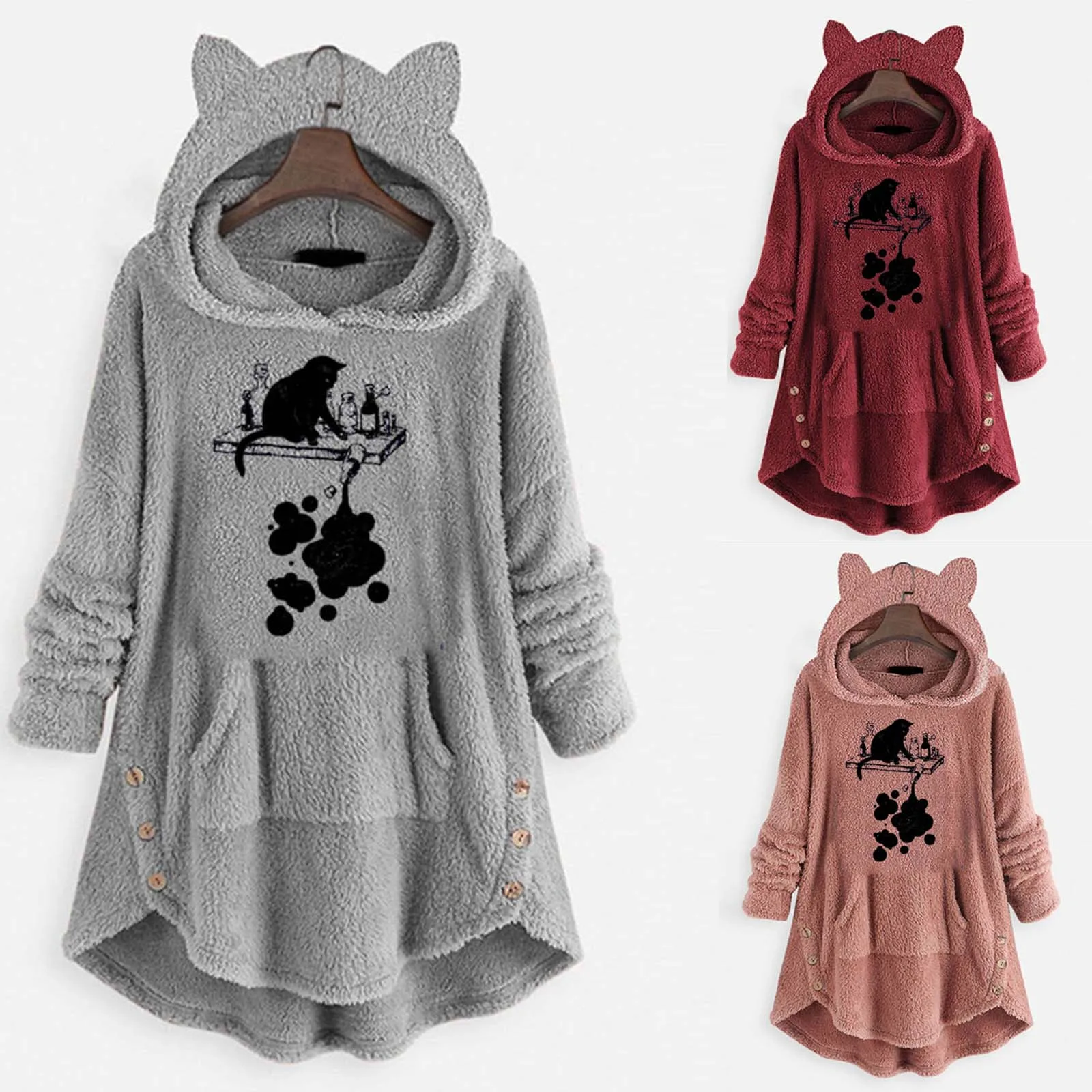Fashion Hoodies Sweatshirts Women Jackets Button Coat Top Plush Hooded Pullover Loose Plus Size Warm Thick Windbreaker Outerwear 1